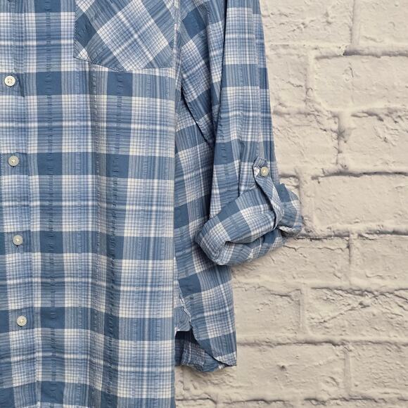 Tommy Hilfiger Shirt Womens Size XL Roll Tab Sleeves Blue Plaid Button Down - Picture 4 of 16